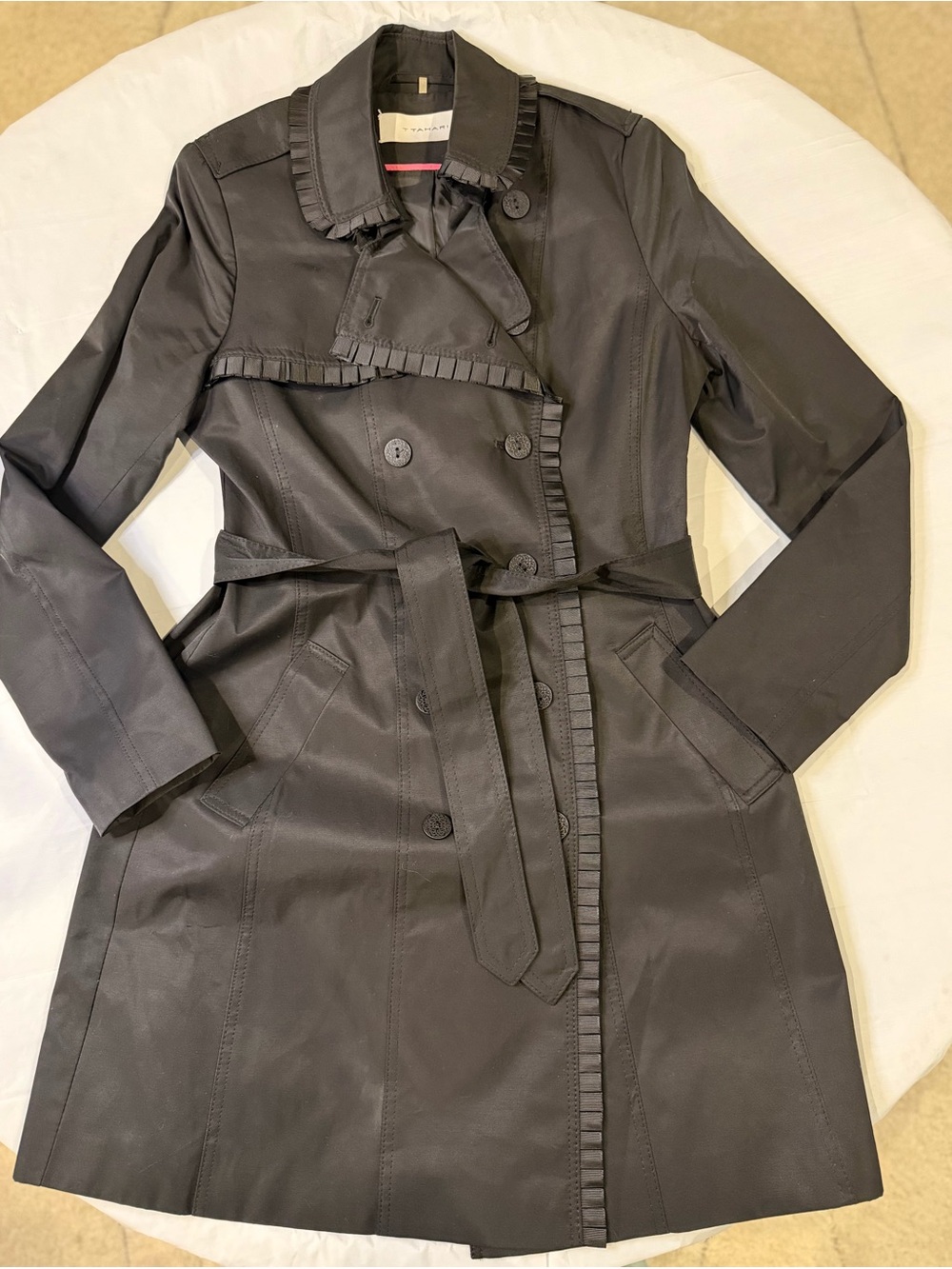 T Tahari Black Double-Breasted Trench with Pleated Trim